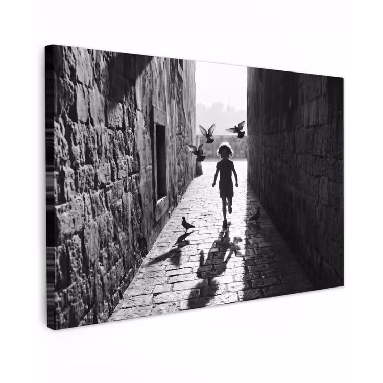 Kind - Vogel - Straat - Zwart-wit - Spelen Tuinposter op houten frame 2 cm dik klein -3d