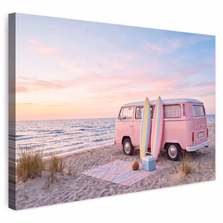 Busje - Strand - Surfplank - Zomer - Roze Tuinposter op houten frame 2 cm dik klein -3d