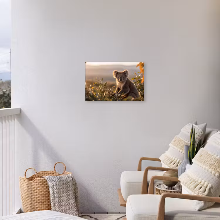 Koala - Bladeren - Ochtendlicht Tuinposter op houten frame 2 cm dik klein -sfeer1