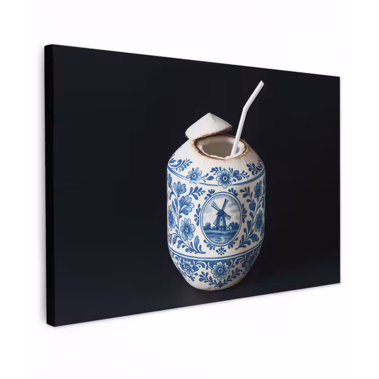 Kokosnoot - Eten - Delfts blauw - Drinken Tuinposter op houten frame 2 cm dik klein -3d