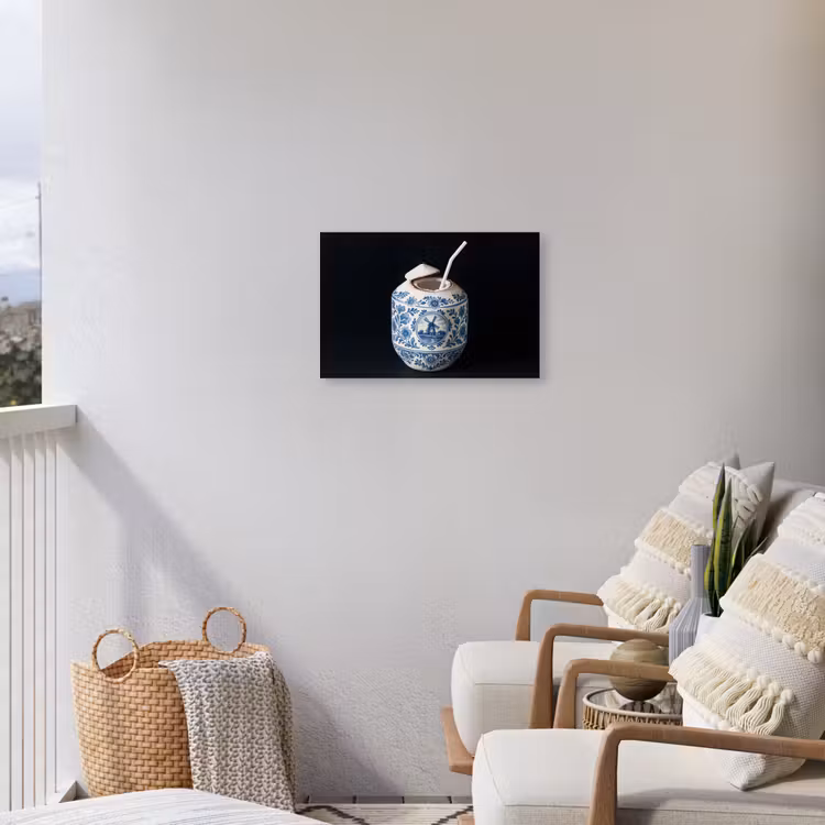 Kokosnoot - Eten - Delfts blauw - Drinken Tuinposter op houten frame 2 cm dik klein -sfeer1