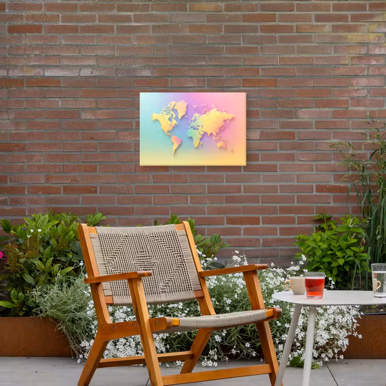 Continenten - Pastelkleuren - Overloop Tuinposter op houten frame 2 cm dik klein -sfeer3