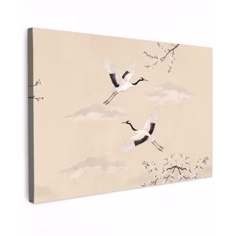 Kraanvogels - Bloesem - Beige Tuinposter op houten frame 2 cm dik klein -3d