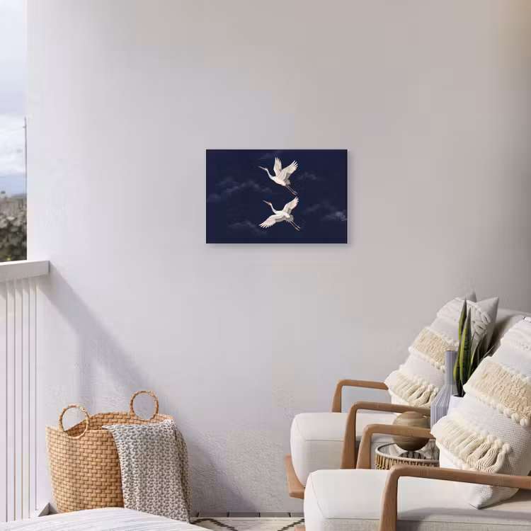 Kraanvogels - Nachthemel - Blauw Tuinposter op houten frame 2 cm dik klein -sfeer1