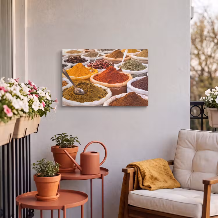 Outdoor Leinwand - Kräuter – Markt – Essen - Kruiden - Markt - Eten Tuinposter op houten frame 2 cm dik klein