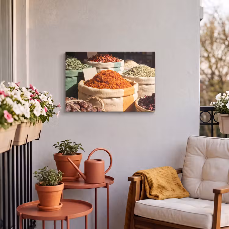 Outdoor Leinwand - Kräuter – Markt – Farbenfroh - Kruiden - Markt - Kleurrijk Tuinposter op houten frame 2 cm dik klein