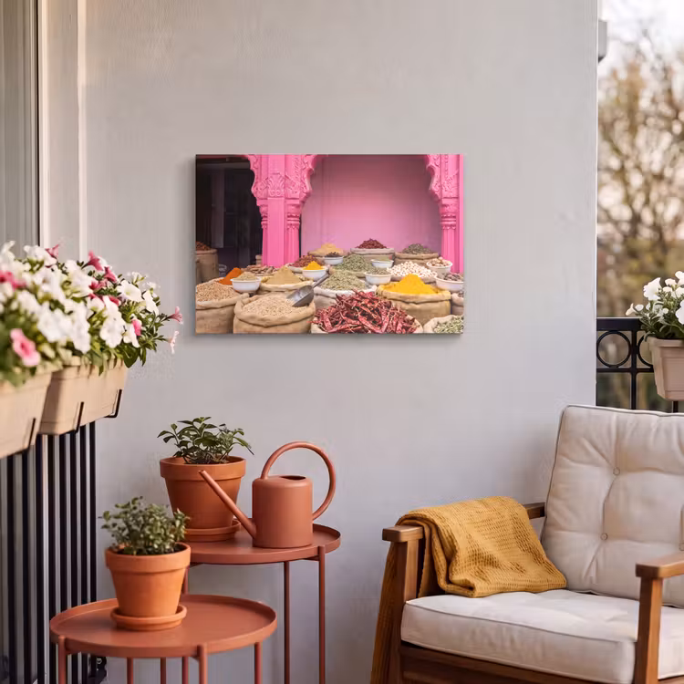 Outdoor Leinwand - Kräuter – Markt – Rosa - Kruiden - Markt - Roze Tuinposter op houten frame 2 cm dik klein
