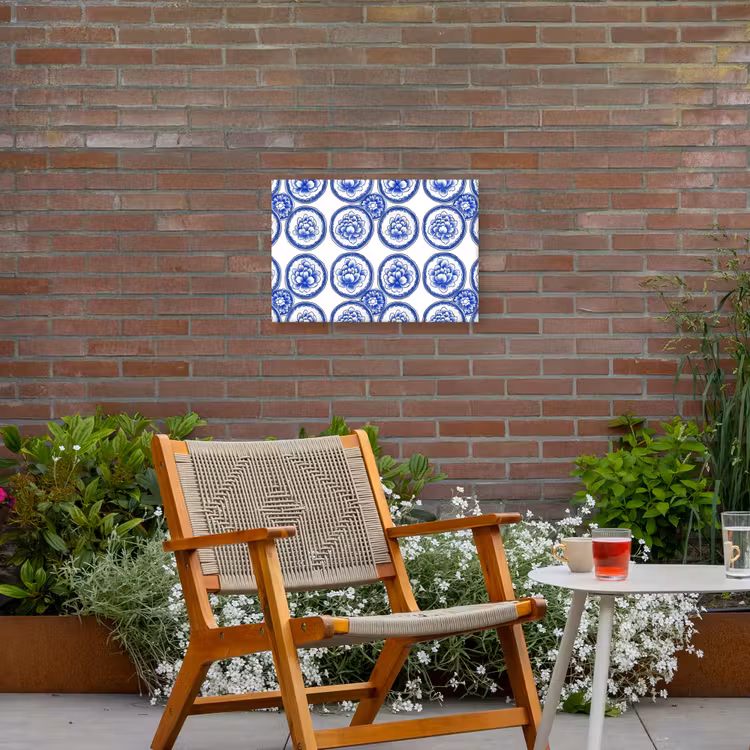 Cirkels - Bloemen - Blauw Tuinposter op houten frame 2 cm dik klein 845 -sfeer3