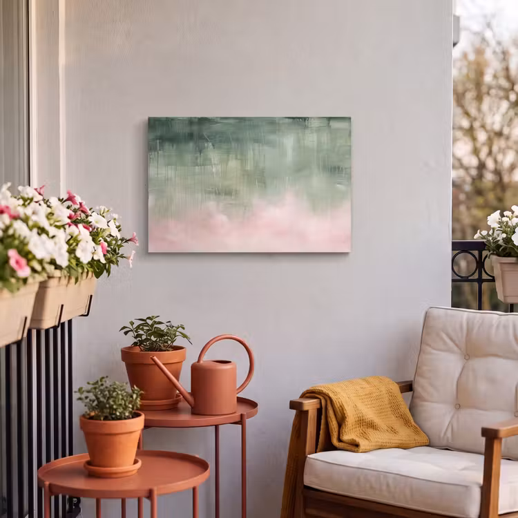 Kunst - Abstract - Modern - Groen - Roze Tuinposter op houten frame 2 cm dik klein -sfeer1