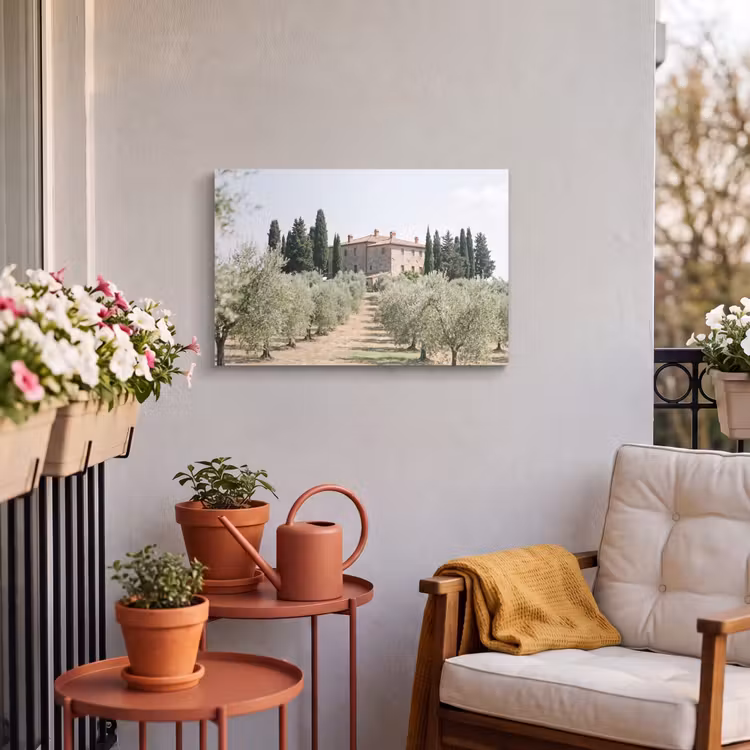 Outdoor Leinwand - Landhaus – Olivenbaum – Obstgarten - Landhuis - olijfboom - gaard Tuinposter op houten frame 2 cm dik klein