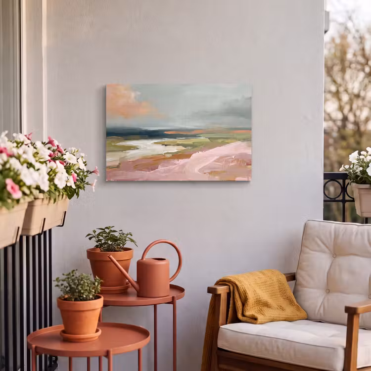 Landschap - Rivier - Abstract - Roze - Groen Tuinposter op houten frame 2 cm dik klein -sfeer1