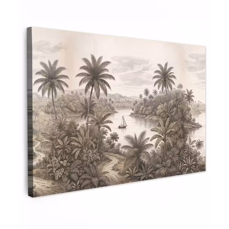 Landschap - Rivier - Boot - Tropisch - Vintage Tuinposter op houten frame 2 cm dik klein -3d