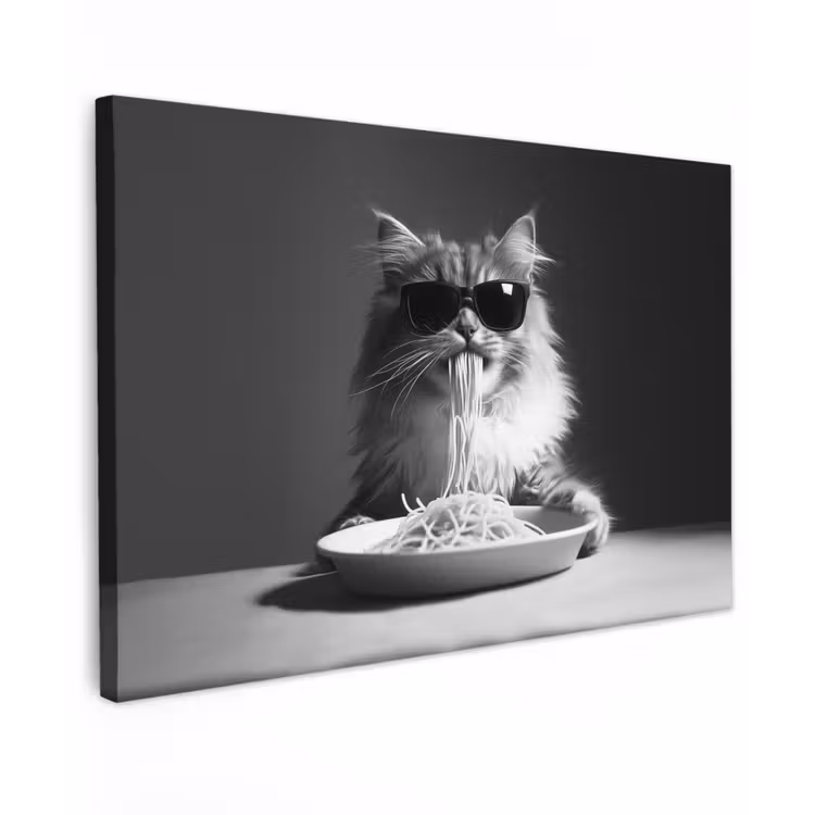 Langharige kat - Zonnebril - Spaghetti - Humor - Zwart - wit Tuinposter op houten frame 2 cm dik klein -3d