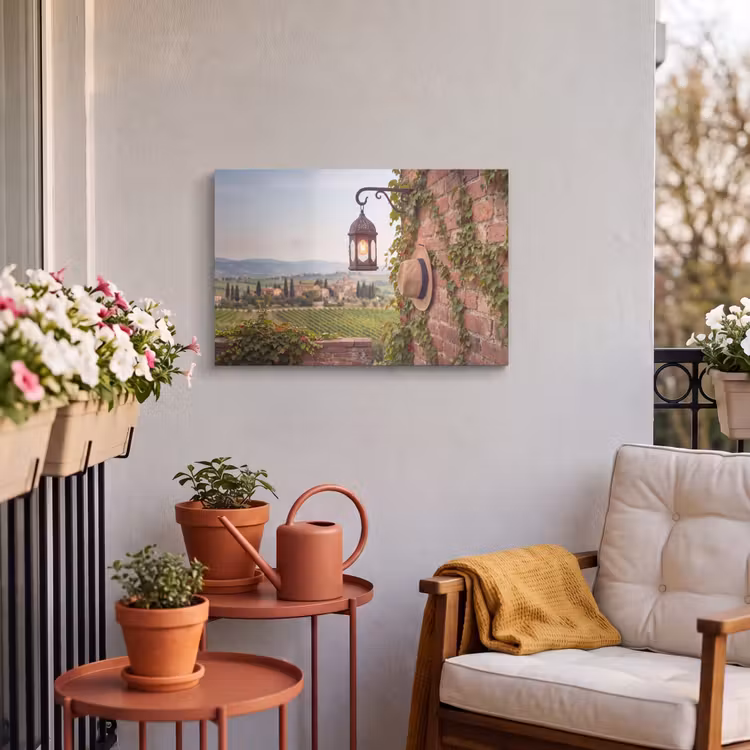 Lantaarn - Wijngaard - Landschap - Italiaans Tuinposter op houten frame 2 cm dik klein -sfeer1