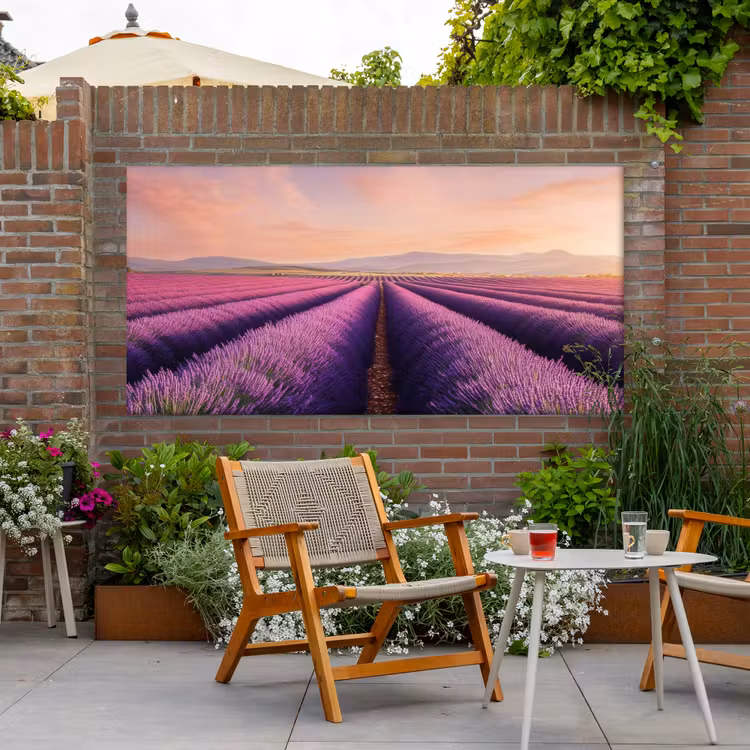 Lavendelveld - Zonsondergang - Paars - Bloemen Tuinposter op houten frame 2 cm dik xxl -sfeer3
