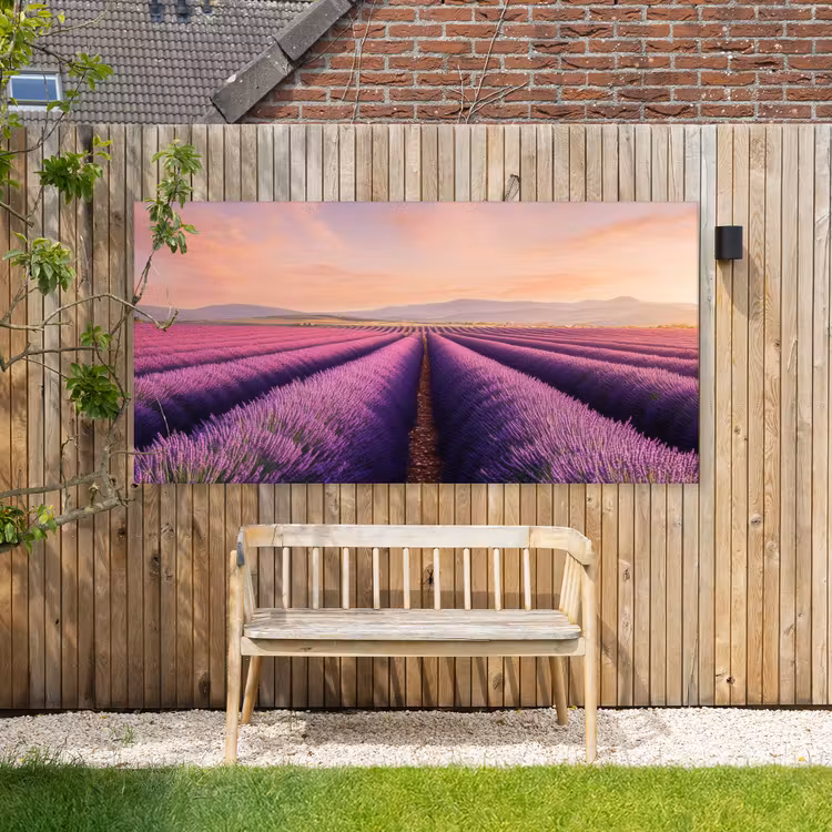 Lavendelveld - Zonsondergang - Paars - Bloemen Tuinposter op houten frame 2 cm dik xxl -sfeer4