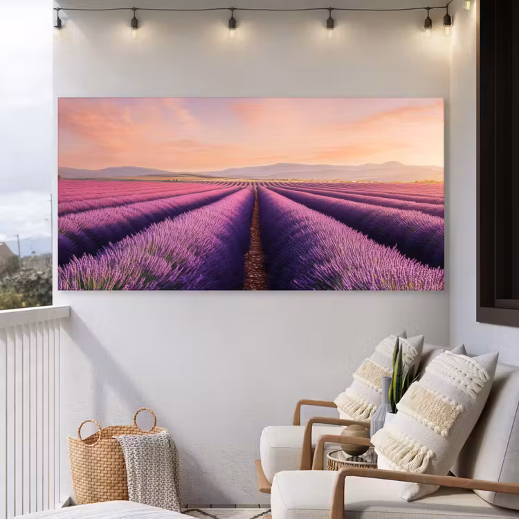 Lavendelveld - Zonsondergang - Paars - Bloemen Tuinposter op houten frame 2 cm dik xxl -sfeer1