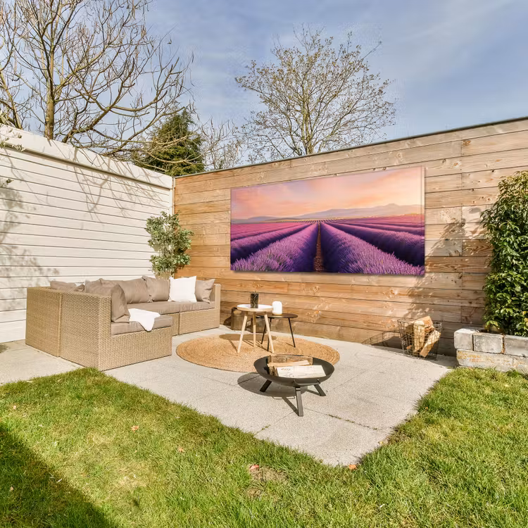 Lavendelveld - Zonsondergang - Paars - Bloemen Tuinposter op houten frame 2 cm dik xxl -sfeer2