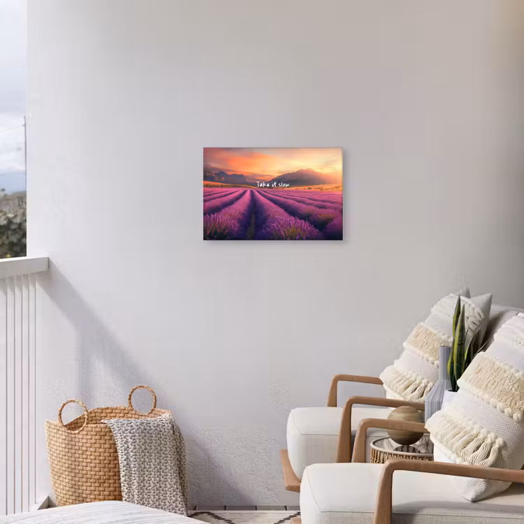 Lavendelveld - Quote - Zonsondergang Tuinposter op houten frame 2 cm dik klein -sfeer1