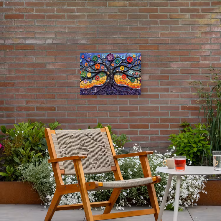 Levensboom - Mozaïek - Bloemen - Kleurrijk - Vrolijk Tuinposter op houten frame 2 cm dik klein -sfeer3