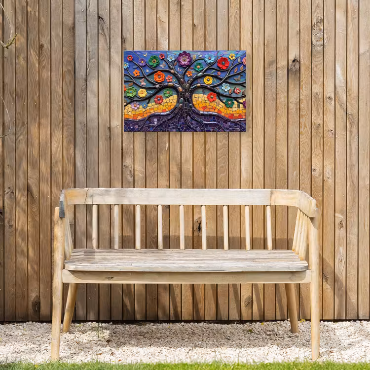 Levensboom - Mozaïek - Bloemen - Kleurrijk - Vrolijk Tuinposter op houten frame 2 cm dik klein -sfeer4