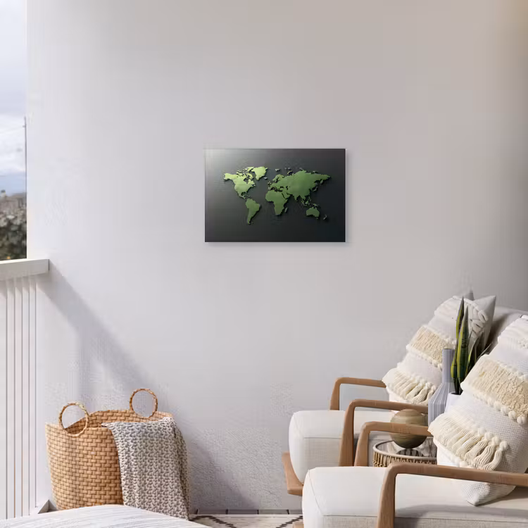 Leer - Groen - Wereldkaart Tuinposter op houten frame 2 cm dik klein -sfeer1