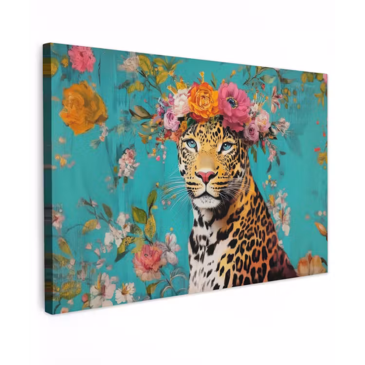 Luipaard - Bloemen - Kroon Tuinposter op houten frame 2 cm dik klein -3d