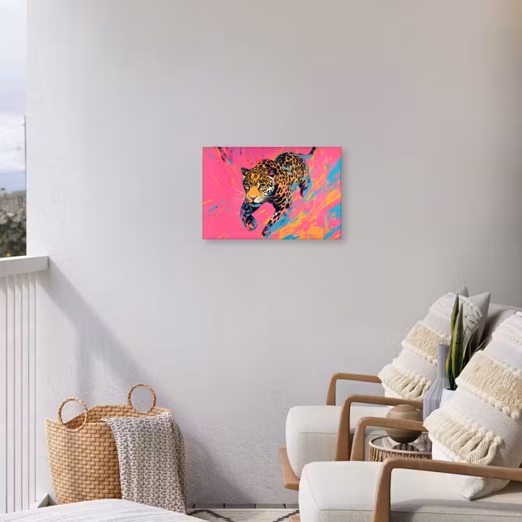 Luipaard - Roze - Oranje - Blauw - Verf Tuinposter op houten frame 2 cm dik klein -sfeer1