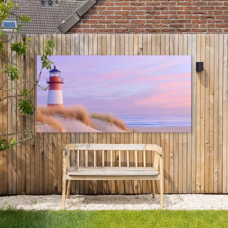 Vuurtoren - Duinen - Zonsondergang Tuinposter op houten frame 2 cm dik xxl -sfeer4