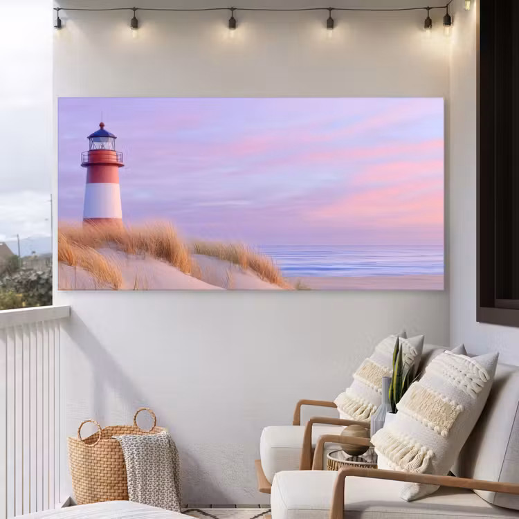 Vuurtoren - Duinen - Zonsondergang Tuinposter op houten frame 2 cm dik xxl -sfeer1