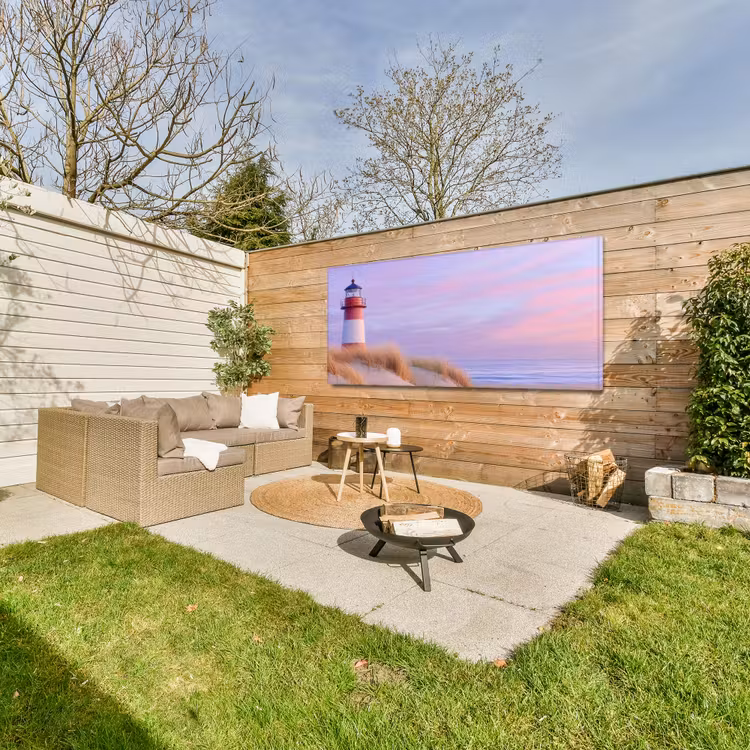 Vuurtoren - Duinen - Zonsondergang Tuinposter op houten frame 2 cm dik xxl -sfeer2