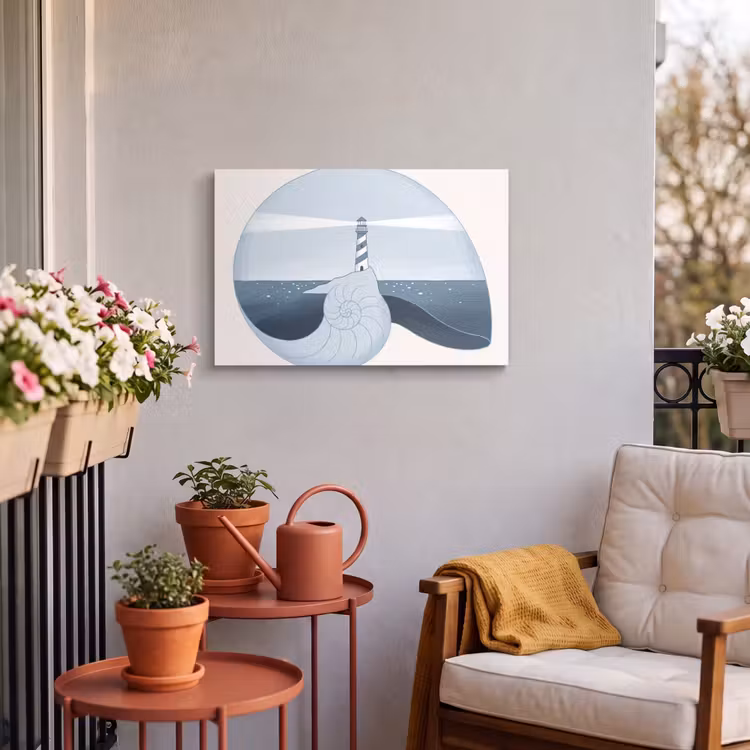 Vuurtoren - Zee - Schelp - Abstract - Blauw Tuinposter op houten frame 2 cm dik klein -sfeer1