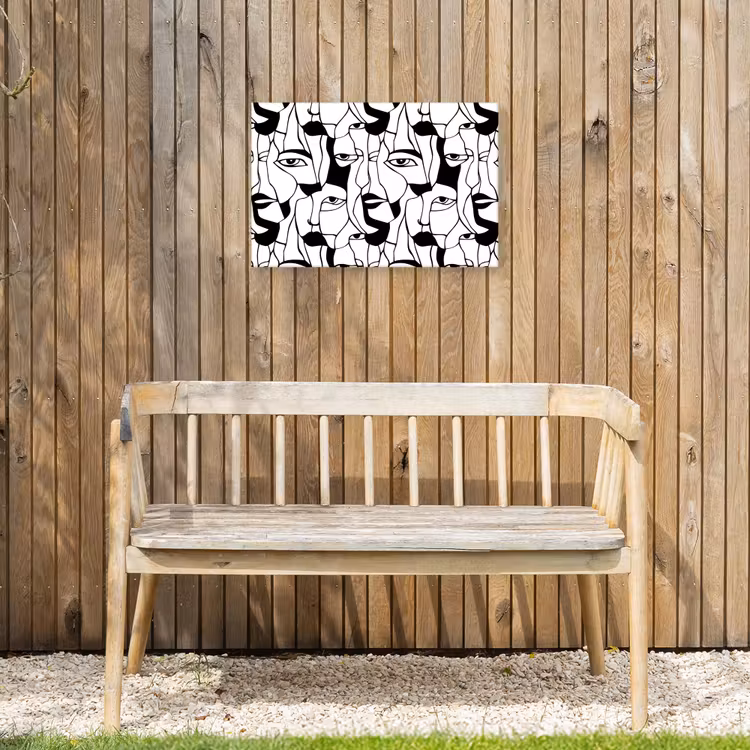 Lijnen - Gezichten - Zwart - Wit Tuinposter op houten frame 2 cm dik klein 845 -sfeer4