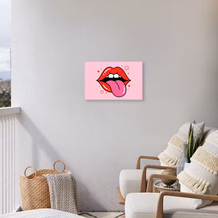 Lippen - Tong - Pop-art - Kleurrijk - Roze Tuinposter op houten frame 2 cm dik klein -sfeer1