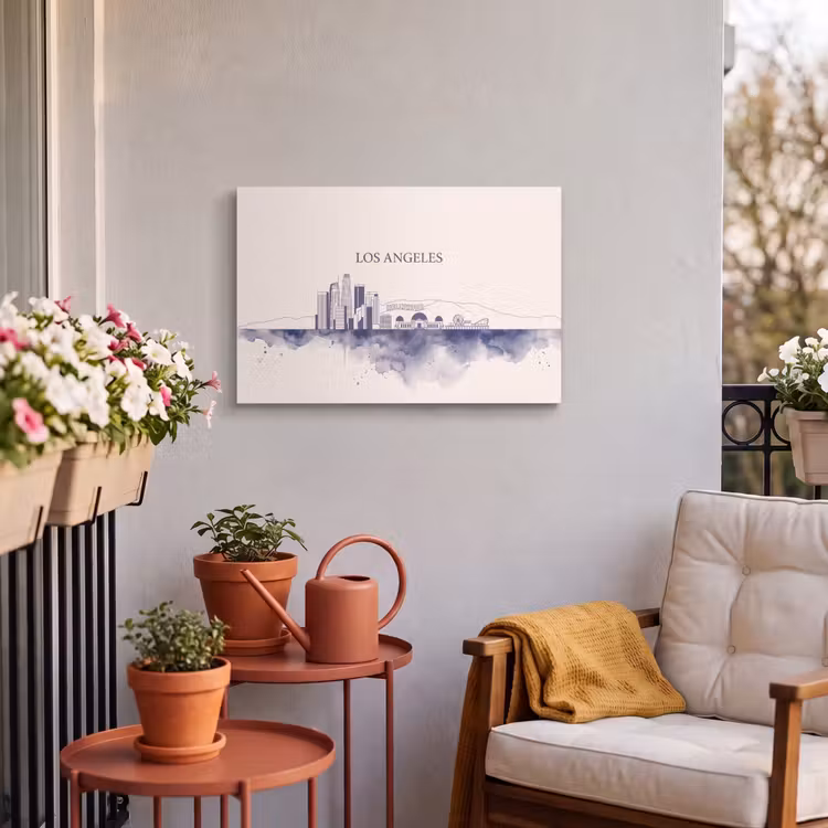 Los Angeles - Skyline - Architectuur - Aquarel - Blauw Tuinposter op houten frame 2 cm dik klein -sfeer1