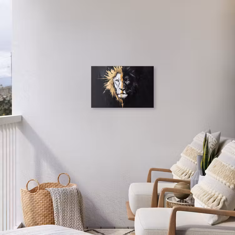 Leeuw - Gesplitst - Zwart - Lijn Tuinposter op houten frame 2 cm dik klein -sfeer1