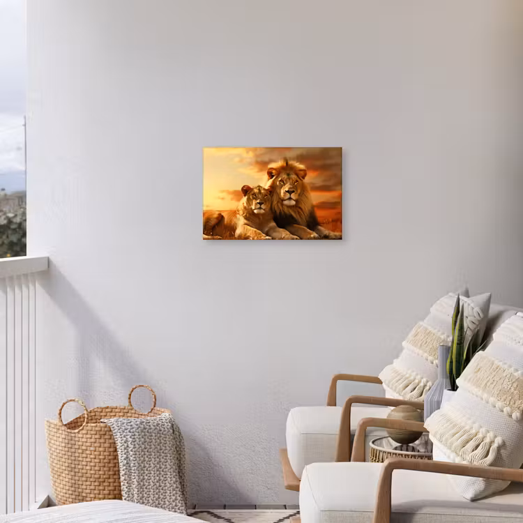Leeuwen - Zonsondergang - Afrika - Savanne - Dieren Tuinposter op houten frame 2 cm dik klein -sfeer1