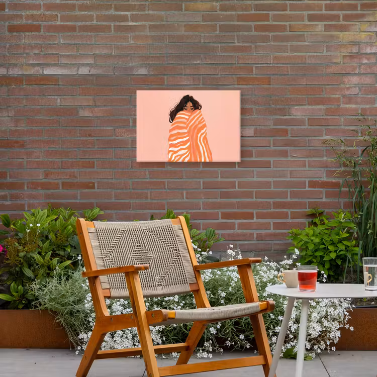 Meisje - Deken - Gestreept - Oranje Tuinposter op houten frame 2 cm dik klein -sfeer3