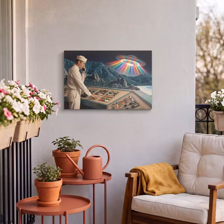 Outdoor Leinwand - Mann – Kontrollraum – Strand - Man - Controlekamer - Strand Tuinposter op houten frame 2 cm dik klein
