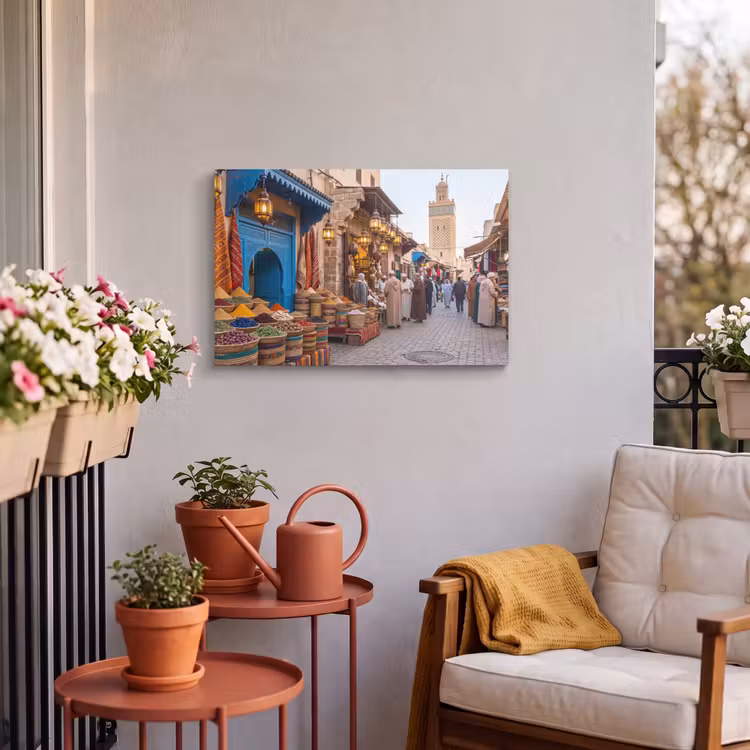 Outdoor Leinwand - Markt – Orientalisch – Farbenfroh - Markt - Oosters - Kleurrijk Tuinposter op houten frame 2 cm dik klein