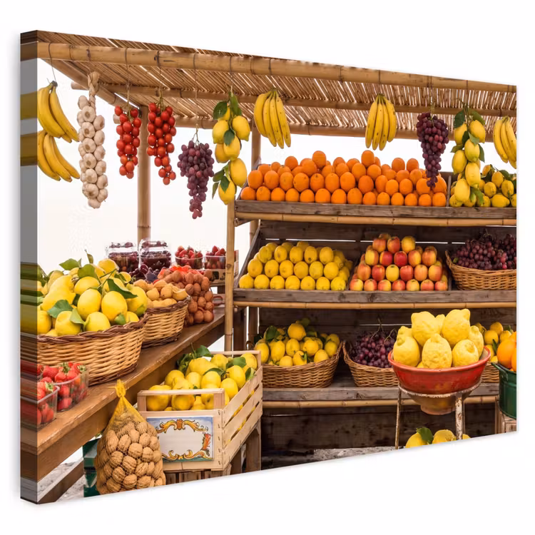 Outdoor Leinwand - Marktstand – Obst – Frisch - Marktkraam - Fruit - Vers Tuinposter op houten frame 2 cm dik klein