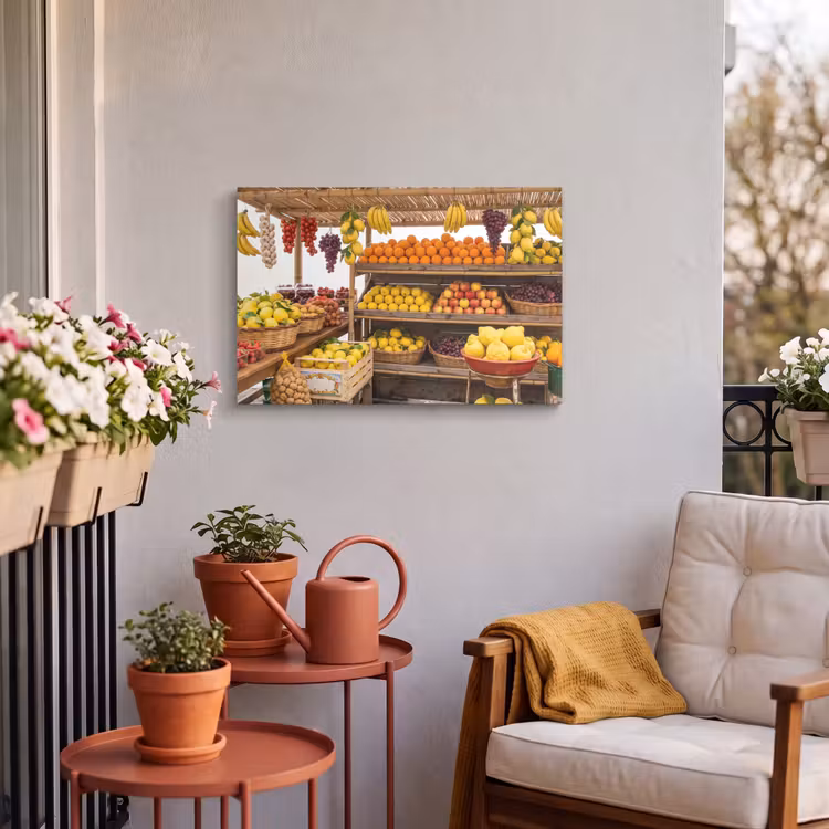 Outdoor Leinwand - Marktstand – Obst – Frisch - Marktkraam - Fruit - Vers Tuinposter op houten frame 2 cm dik klein