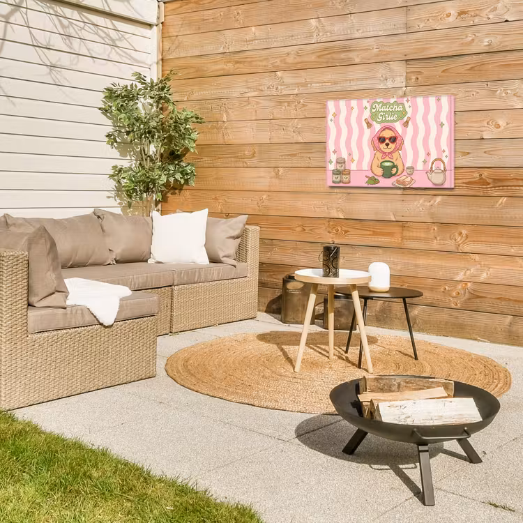 Matcha - Hond - Roze - Groen Tuinposter op houten frame 2 cm dik klein -sfeer2
