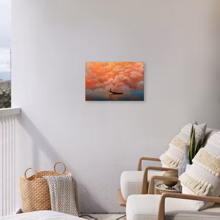 Zee - Boot - Wolken - Oranje Tuinposter op houten frame 2 cm dik klein -sfeer1