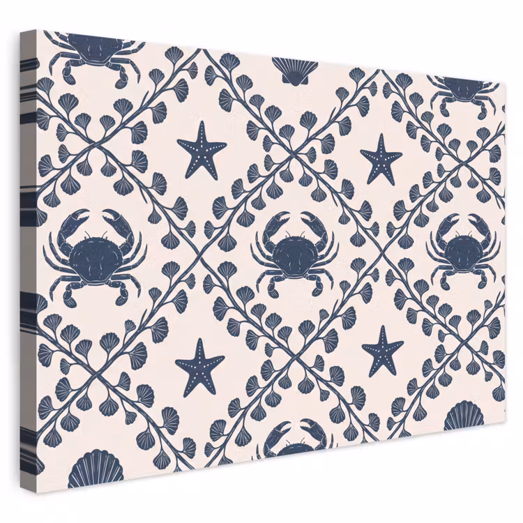 Zee - Krab - Zeester - Patroon - Blauw Tuinposter op houten frame 2 cm dik klein -3d