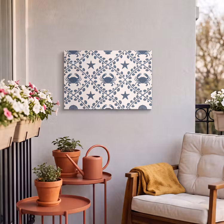 Zee - Krab - Zeester - Patroon - Blauw Tuinposter op houten frame 2 cm dik klein -sfeer1