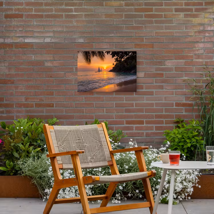 Zee - Zonsondergang - Boot - Natuur - Oranje Tuinposter op houten frame 2 cm dik klein -sfeer3