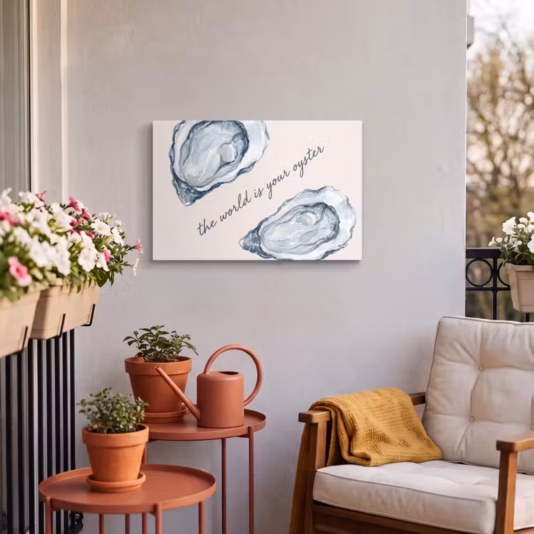 Zeeleven - Oester - Aquarel - Minimalistisch - Blauw Tuinposter op houten frame 2 cm dik klein -sfeer1