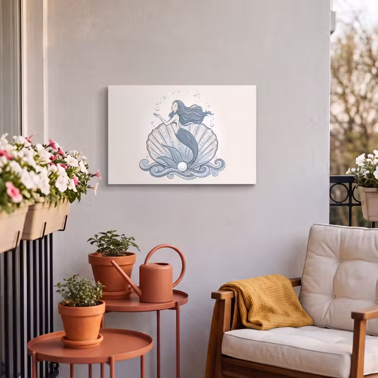 Zeemeermin - Schelp - Zee - Fantasie - Blauw Tuinposter op houten frame 2 cm dik klein -sfeer1