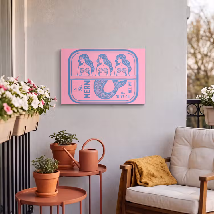 Meermin - Sardineblik - Illustratie - Roze - Retro Tuinposter op houten frame 2 cm dik klein -sfeer1